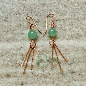 Green Aventurine Copper Dangle Earrings With Hammered Fringes